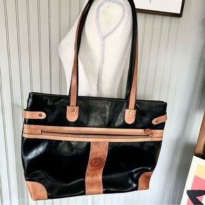 Harve Bernard Perlina Two Tone Black & Brown Large Leather Tote Laptop Bag